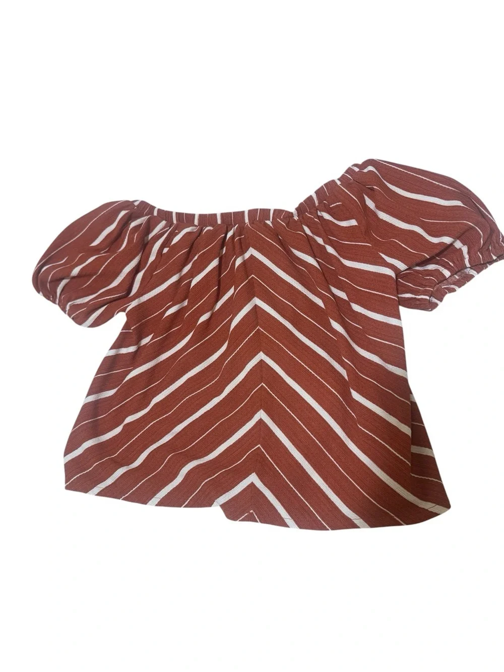 Anthropologie Burgundy and White Striped Off-Shoulder Puff Sleeve Top